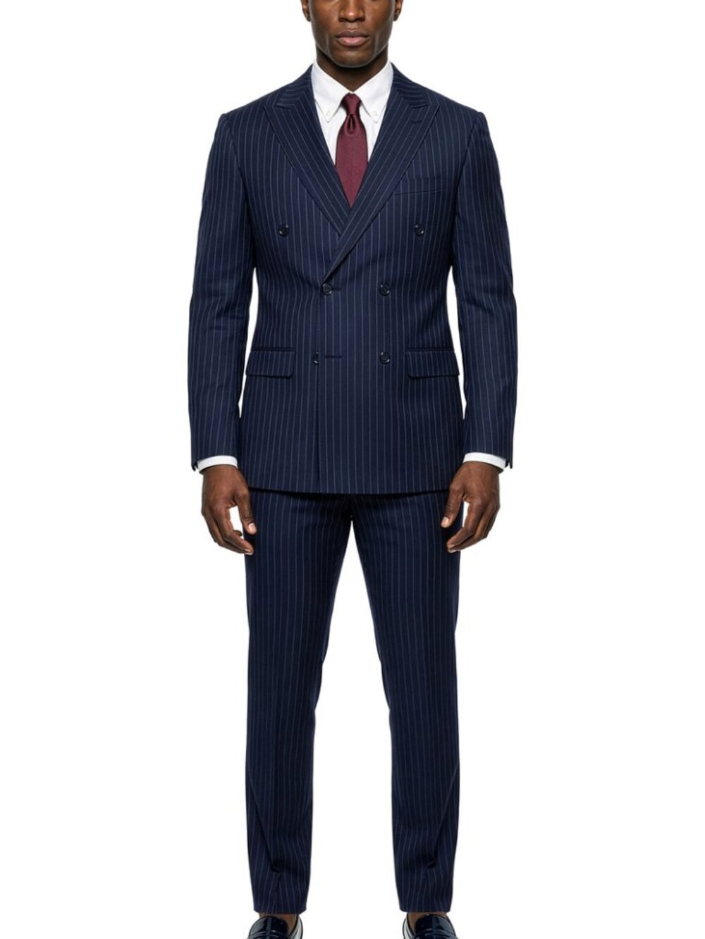 Premium Navy Pinstripe Double Breasted Peak Lapel Stacy Adams Men's Suit